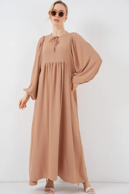 Robe longue hijab à manches ballon pour femme 2464 - Biscuit
