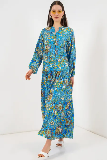 Women's Patterned Long Hijab Dress 2585 - Turquoise