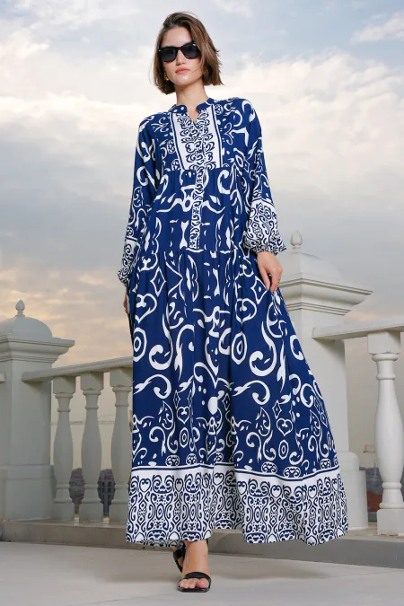 2423 Authentic Patterned Hijab Dress - Navy Blue