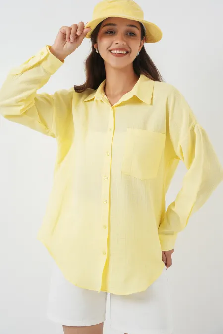 20153 Single Pocket Oversize Linen Shirt - Light Yellow 20153 Single Pocket Oversize Linen Shirt - Light Yellow