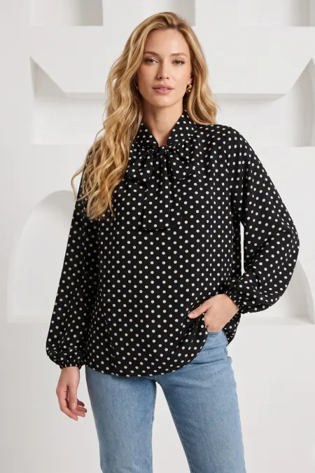 Women's Polka Dot Scarf Collar Blouse 40007 - Black