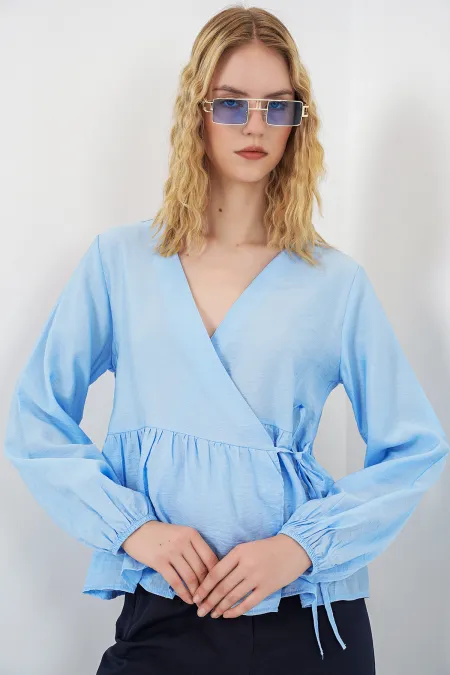 Kadın Yandan Bağlamalı Uzun Kollu Bluz 996 - Mavi
