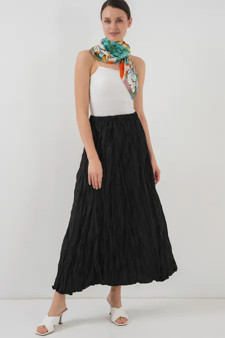 Women's Long Crinkle Skirt 8042 - Black