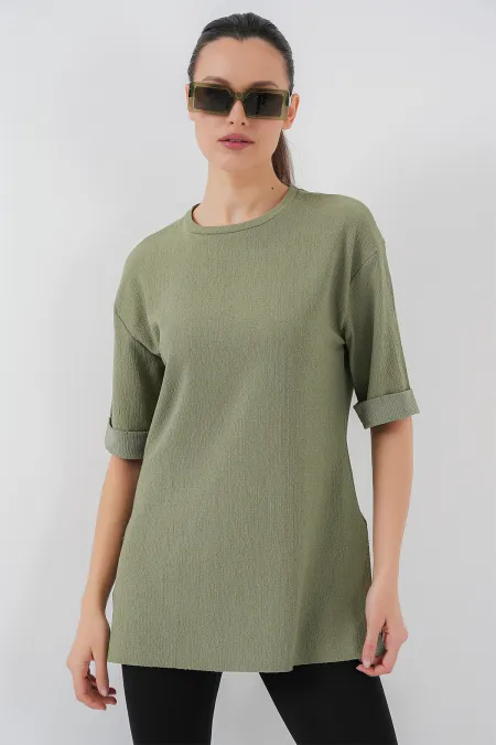 4332 Side Slit Knitted T-Shirt - Çağla