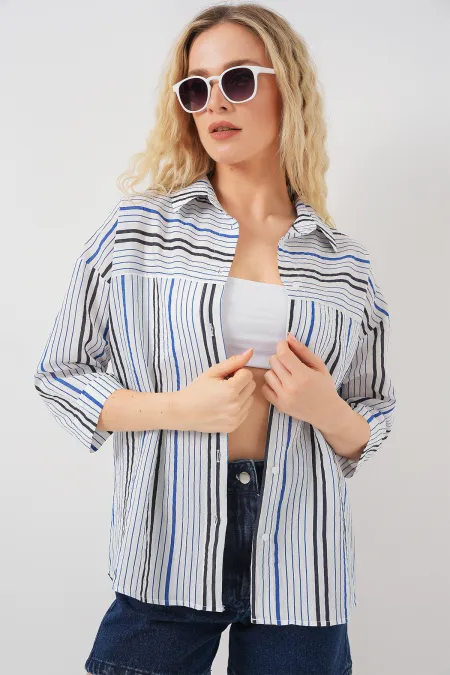 Chemise rayée à manches courtes pour femme 20344 - Bleu marine