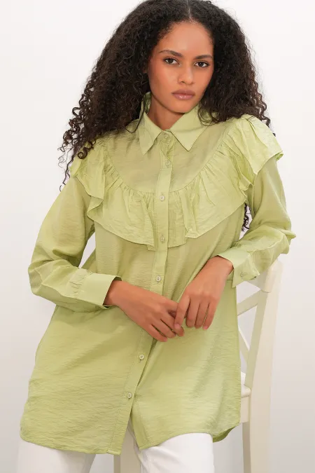 Women's Ruffle Detail Shirt Tunic 5994 - Dark Green Women's Ruffle Detail Shirt Tunic 5994 - Dark Green