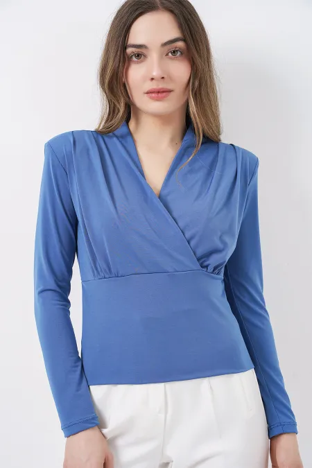Women's Wrap-Around Blouse with Shoulder Pads 942 - Indigo Women's Wrap-Around Blouse with Shoulder Pads 942 - Indigo