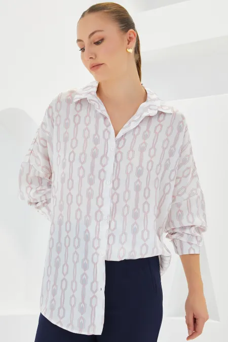 Chemise oversize en satin blanc poudré à motifs pour femme 3985