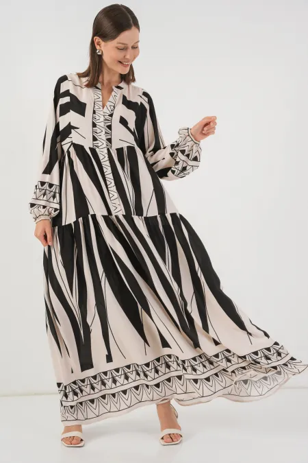 Women's Patterned Long Hijab Dress 2585 - F. Black