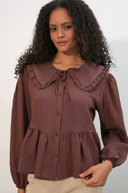 Women's Peter Pan Collar Shirt Blouse 993 - Brown Women's Peter Pan Collar Shirt Blouse 993 - Brown