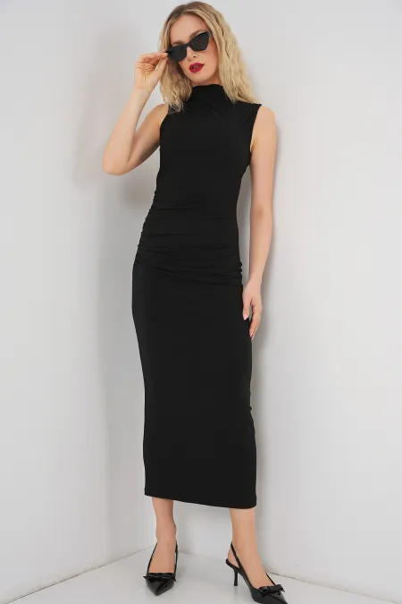 Robe drapée plissée à manches zéro pour femme 2579 - Noir