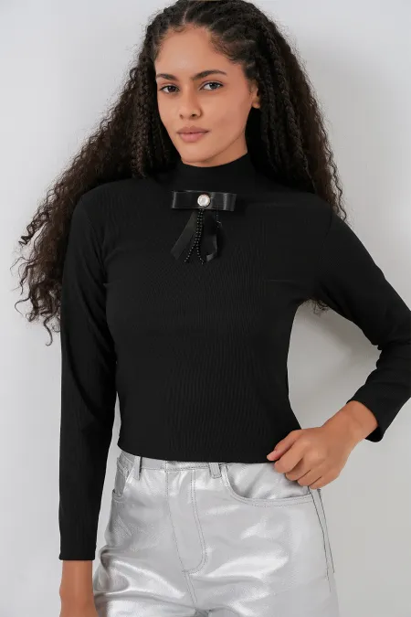 Women's Ribbon Detail Long Sleeve Blouse 977 - Black