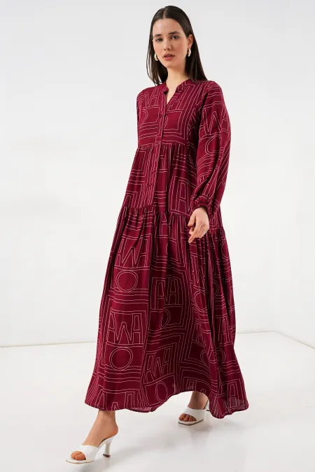 Robe longue hijab à motifs pour femme 2585 - B. Bordeaux