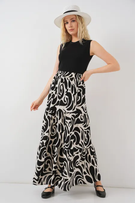 1898 Patterned Long Skirt - C.Black