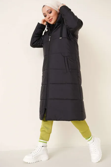 Manteau long matelassé à capuche T5120 - Noir
