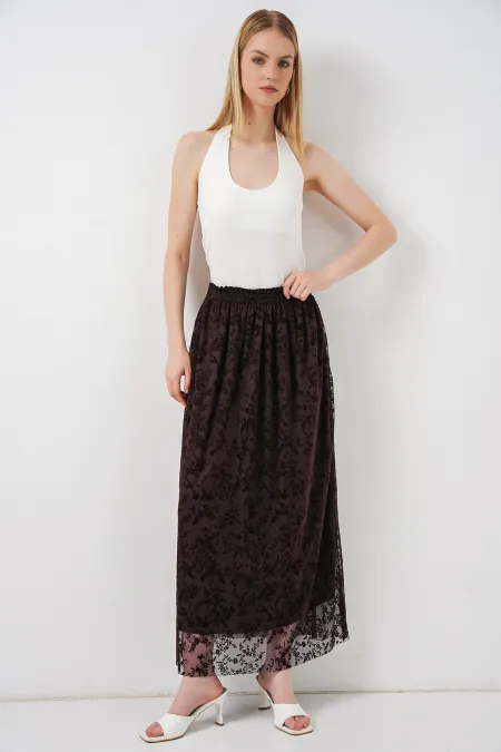 Kadın Flok Baskılı Astarlı Etek 8076 - Kahverengi