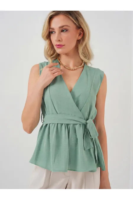 Kadın Kruvaze Yaka Kolsuz Bluz 966 - Çağla