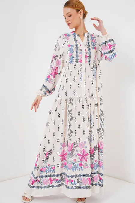 2423 Otantik Desenli Tesettür Elbise - C. Pembe