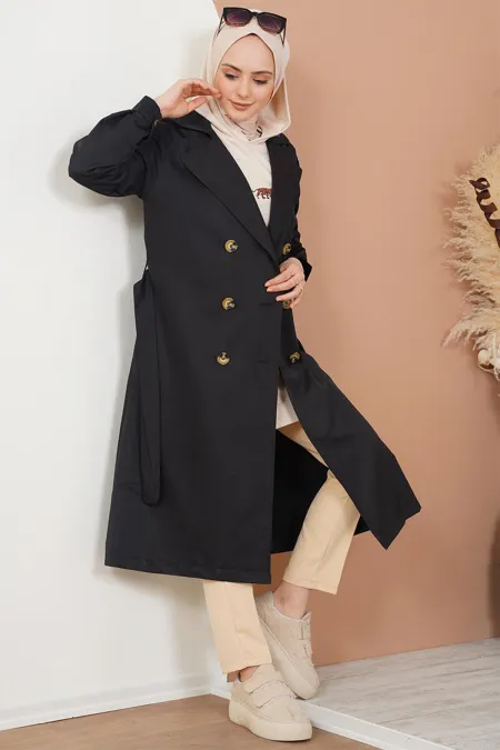 T5853 Double-Breasted Hijab Trench Coat - Black T5853 Double-Breasted Hijab Trench Coat - Black