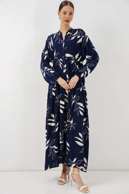 Robe longue hijab à motifs pour femme 2585 - Bleu marine foncé