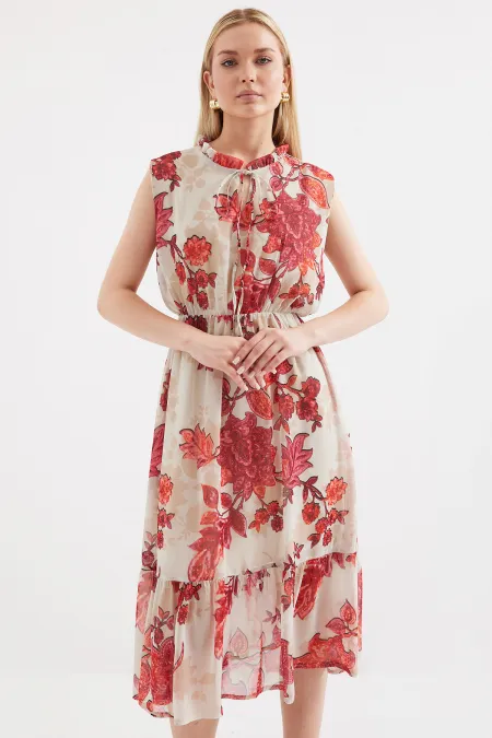 2503 Desenli Sıfır Kol Şifon Elbise - Nar