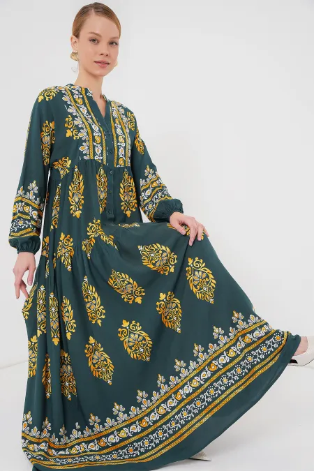 2423 Otantik Desenli Tesettür Elbise - Yeşil 7