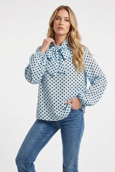 Women's Polka Dot Scarf Collar Blouse 40007 - Blue