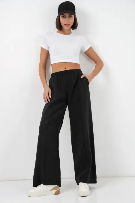 Pantalon large pour femme avec taille élastique 30087 - Noir