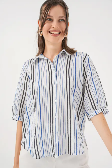 Women's Striped Short Sleeve Shirt 20345 - Navy Blue
