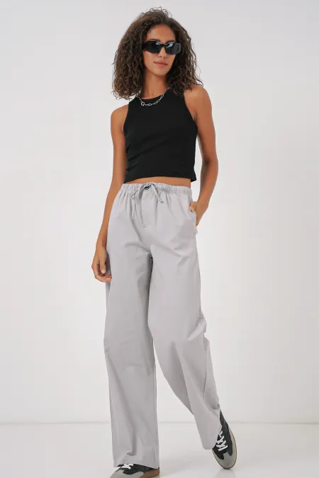 Pantalon taille haute à jambes larges pour femme 6690 - Gris
