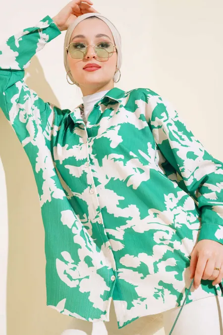 20179 Patterned Long Oversize Shirt - Green