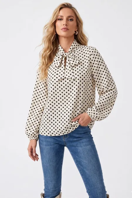 Women's Polka Dot Scarf Collar Blouse 40007 - Ecru