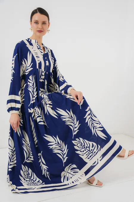 2423 Authentic Patterned Hijab Dress - Navy Blue 3