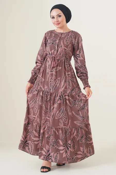2145 Patterned Hijab Dress - Brown