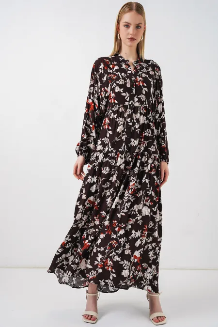 Women's Patterned Long Hijab Dress 2585 - White - Brown