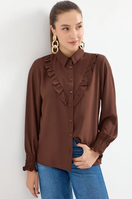 20223 Ruffled Long-Sleeve Shirt - Brown