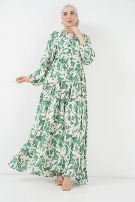 2423 Otantik Desenli Tesettür Elbise - Z.Yeşil