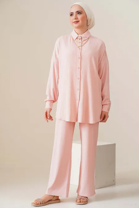 T5858 Knitted Hijab Two Piece Suit - Powder