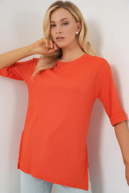 T-shirt tricoté à fente latérale 4332 - Orange