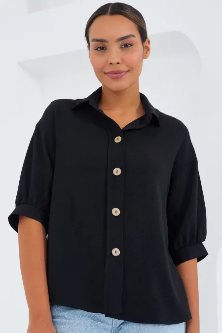 Chemise oversize en lin noir à manches courtes pour femme 20240