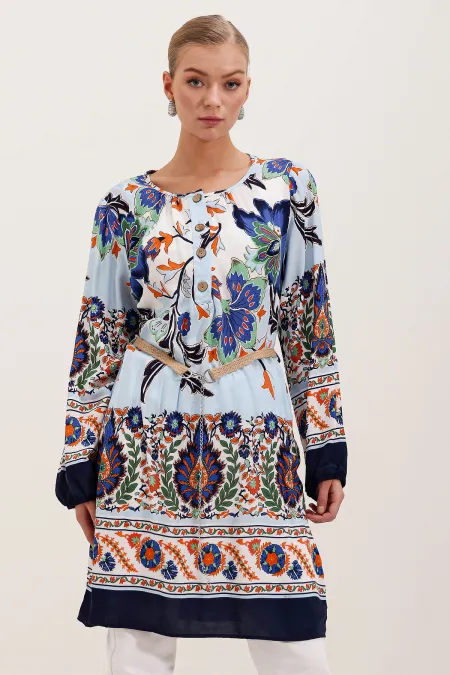 5902 Belted Patterned Dress - Navy Blue