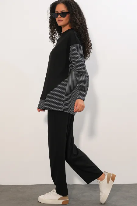 Women's Striped Woven Two-Piece Set 6750 - Black Women's Striped Woven Two-Piece Set 6750 - Black