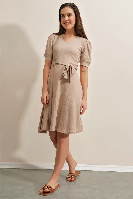 2370 Belted Knit Dress - Beige