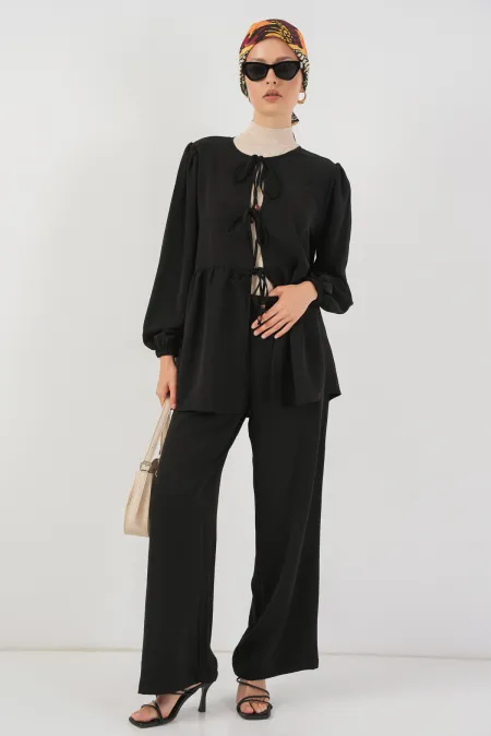 Women's Lace-Up Tunic Trousers Two-Piece Set 6744 - Black