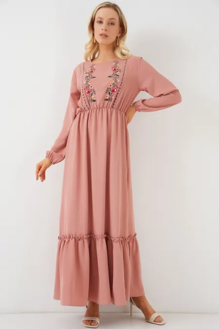 Women's Embroidered Long Hijab Dress 2550 - Powder