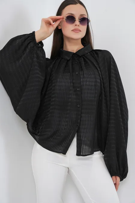 Women's Batwing Sleeve Oversize Shirt 20368 - Black Women's Batwing Sleeve Oversize Shirt 20368 - Black
