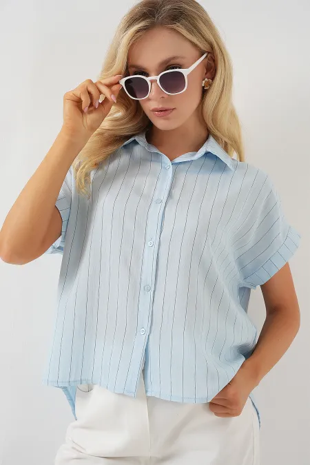 Chemise rayée à manches courtes pour femme 20327 - Bleue