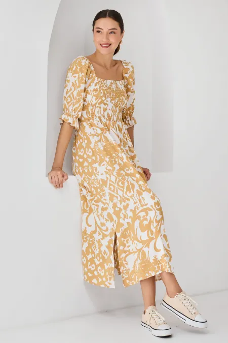 2512 Patterned Slit Dress - Yellow