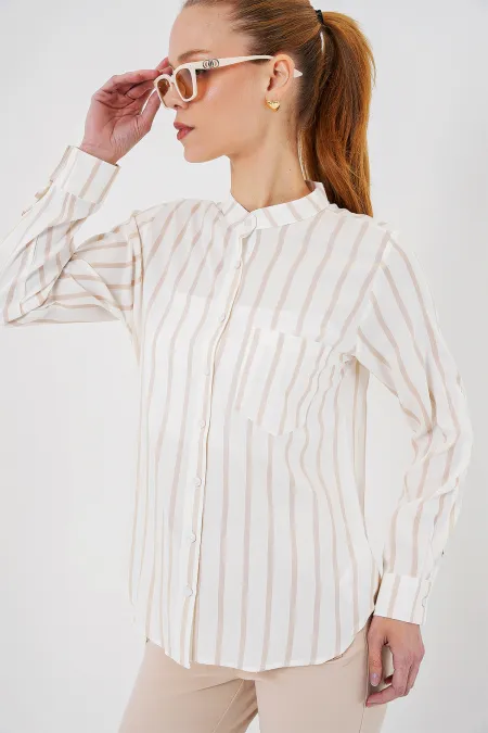 Chemise rayée à manches longues pour femme 20283 - Beige