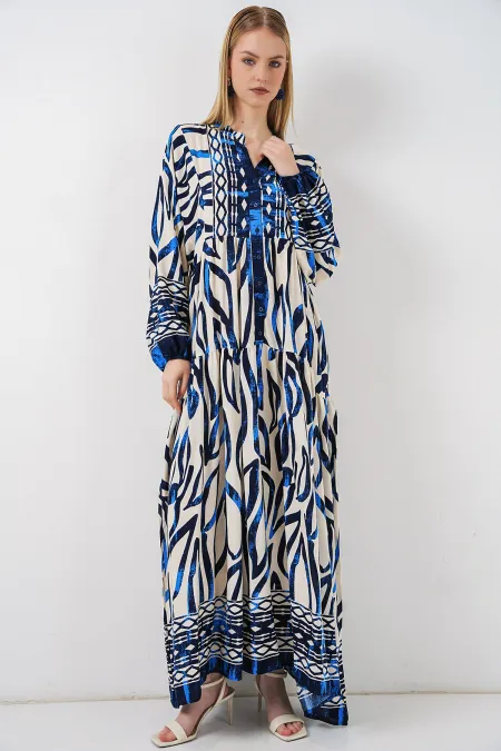 Women's Patterned Long Hijab Dress 2585 - Dark Navy Blue